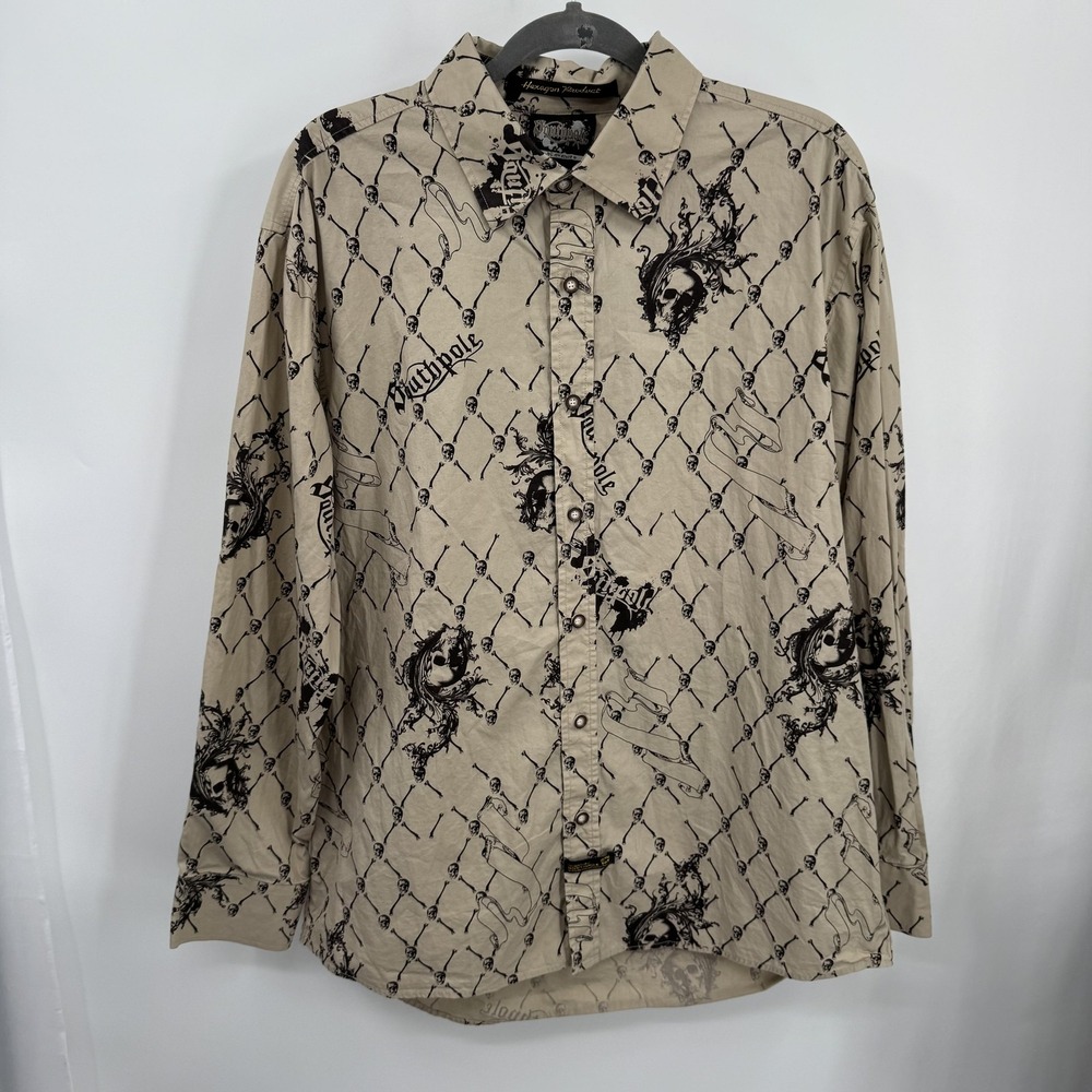 Y2K Southpole Mens Skull Bone Print Button Shirt Size XL Emo Gothic Streetwear